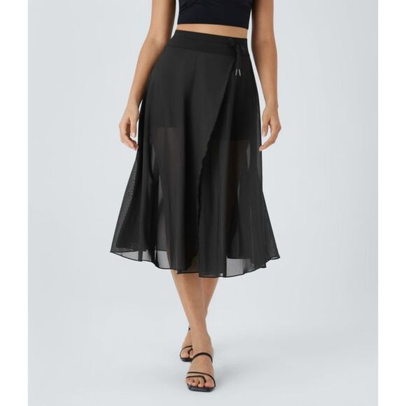 Halara High Waisted Drawstring Contrast Mesh Flowy midi Flare Casual Skirt - Picture 1 of 9